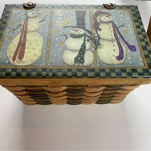 Snowman Lid Basket Green Accent Trim With Handle 9x6x5”